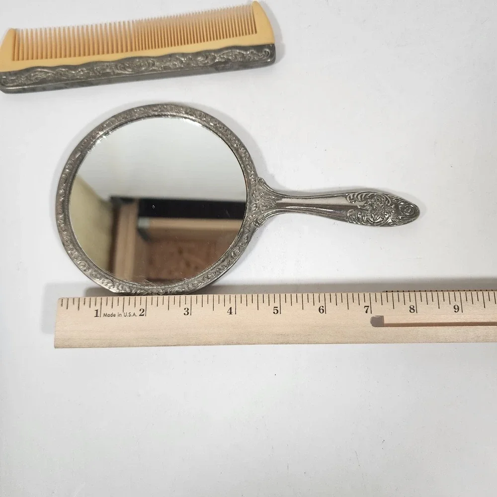 Vintage Silverplate Vanity Set Mirror Brush Comb Floral Dresser Set 3 Pc